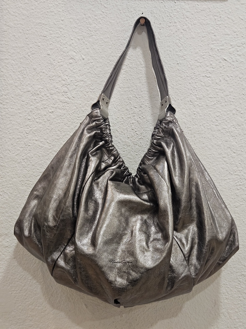 Vintage Kenneth Cole New York Metallic Pewter Leather Slouchy Hobo Bag Y2K